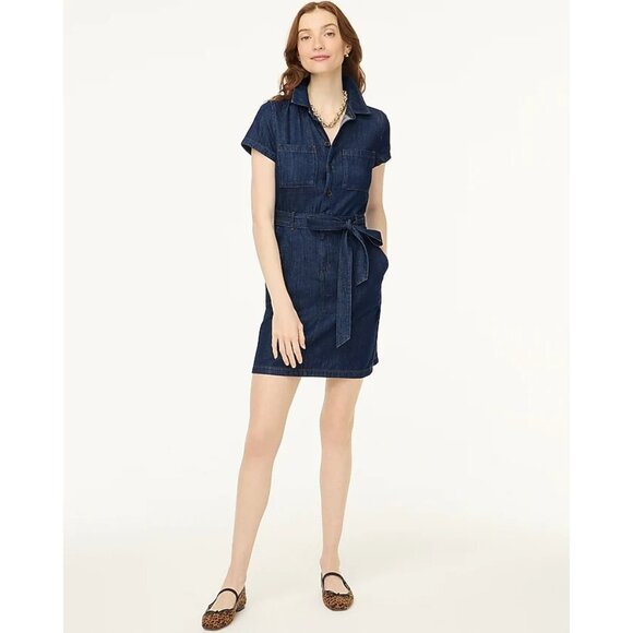J. Crew Factory Denim Utility Mini Dress in Blue Rinse Size 00 Belted Casual NWT - Picture 6 of 16